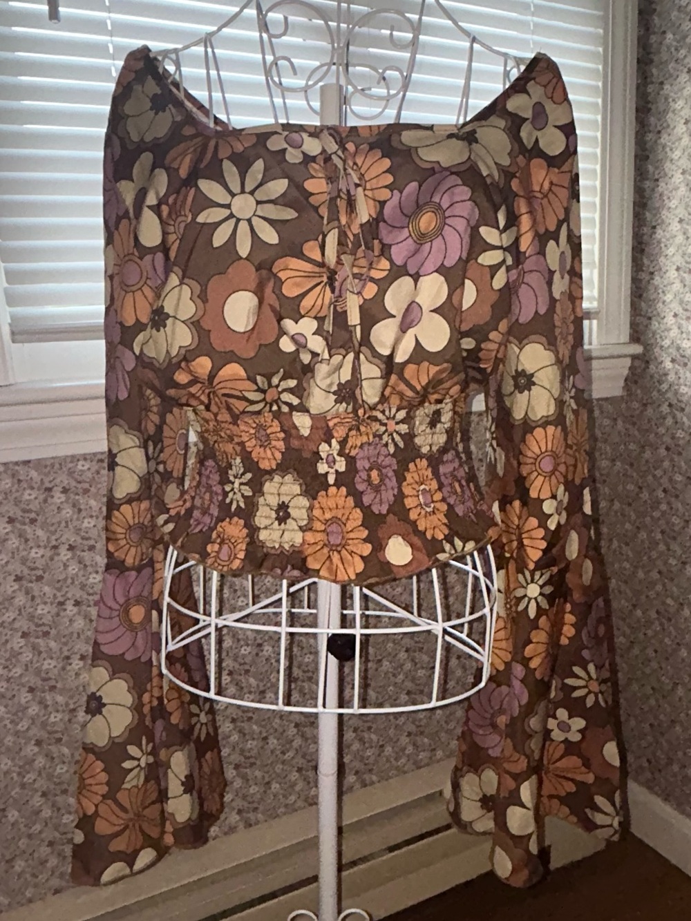 Brown Flower Power Bell Sleeve Crop Top